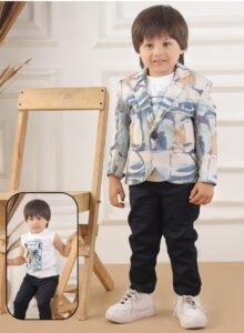 Boys Multicolor Printed Blazer Set with T-Shirt & Pants