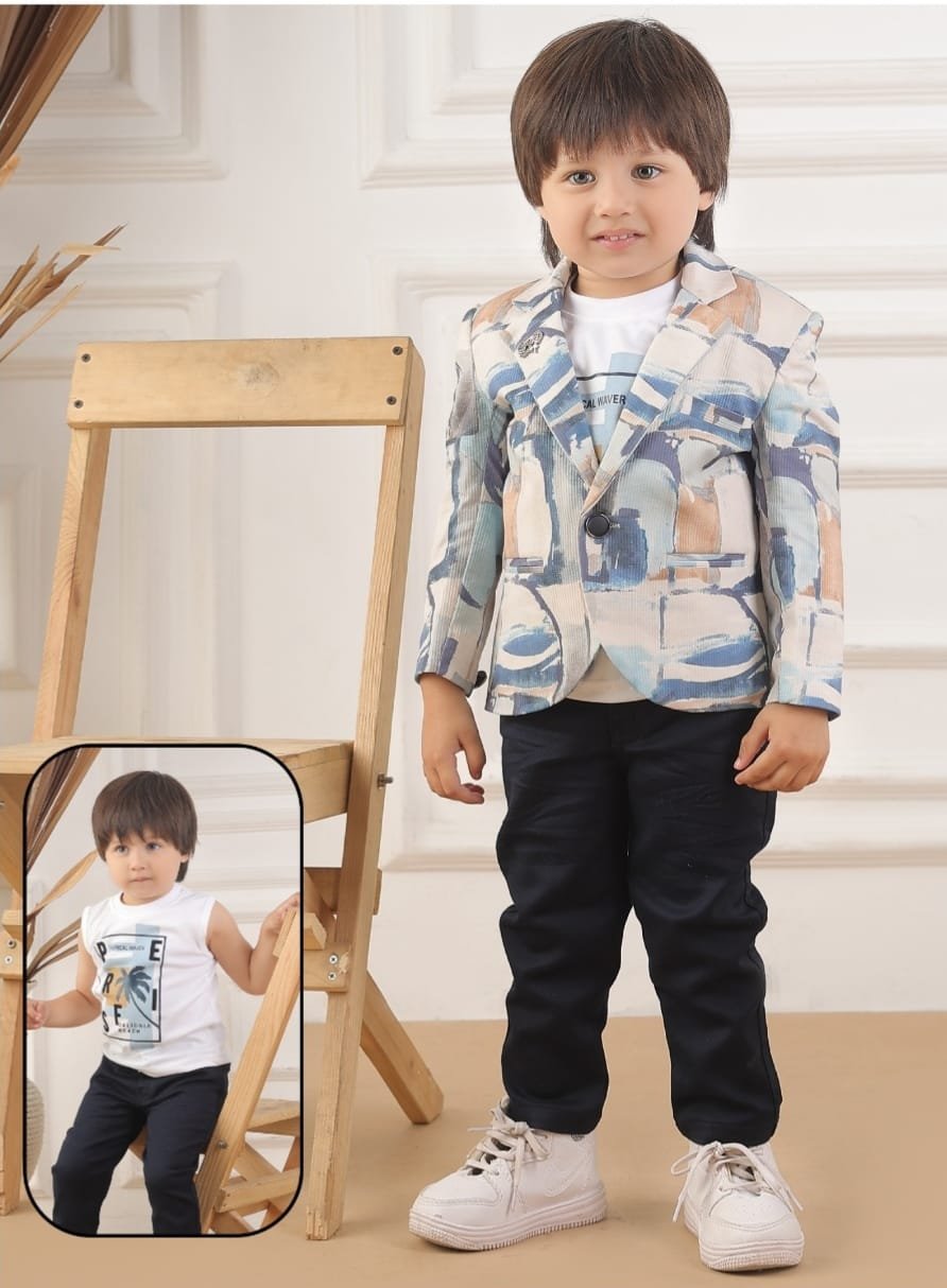 Boys Multicolor Printed Blazer Set with T-Shirt & Pants