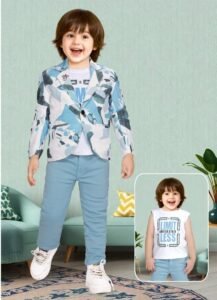 Boys Blue Printed Blazer Set with T-Shirt & Pants