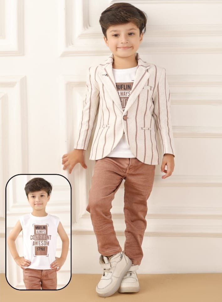 Boys Striped Blazer Set with T-Shirt & Pants